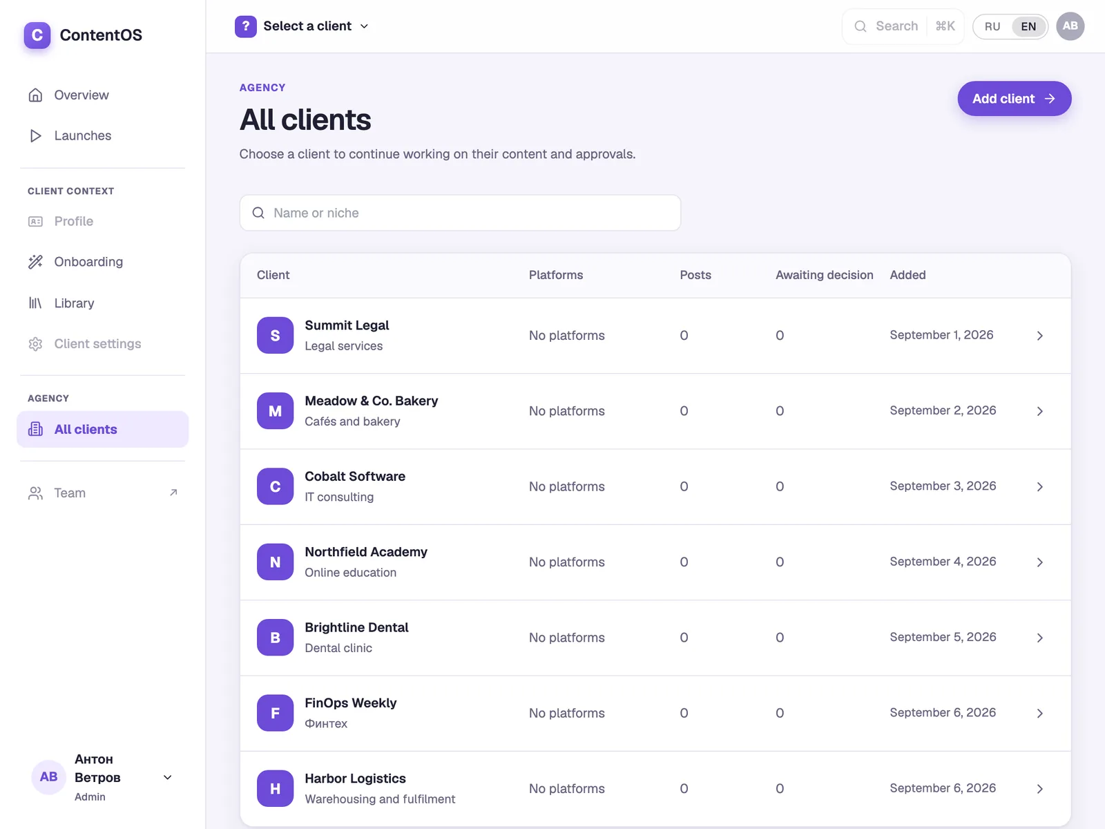 The agency's client list with platforms and posts awaiting a decision