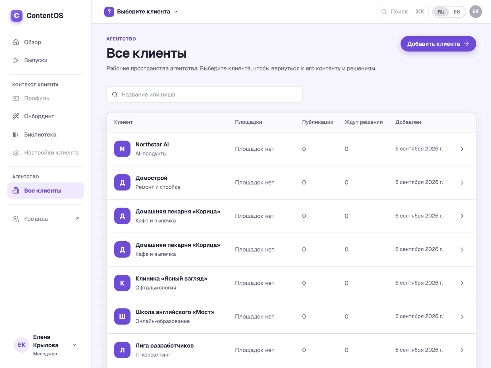 Список клиентов агентства с площадками и публикациями на решении