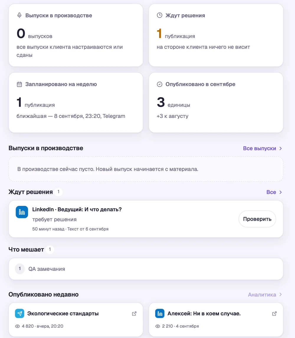 Обзор клиента: запланировано на неделю, опубликовано за месяц и лента публикаций с охватом